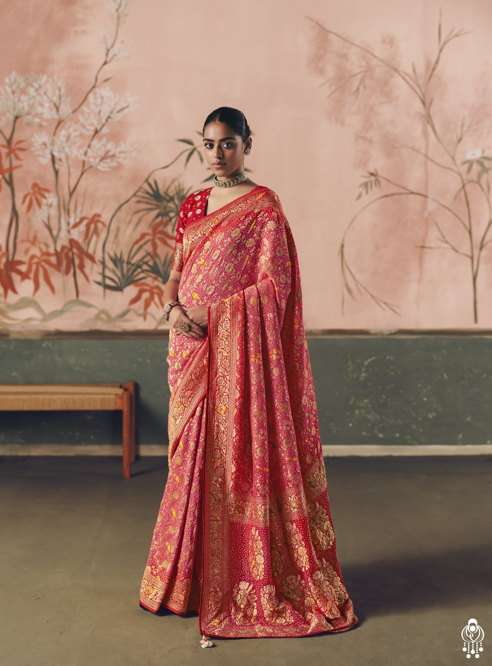 Mehendi Bandhani Designer Weaving Work & Beautiful Tassels Weaving Saree